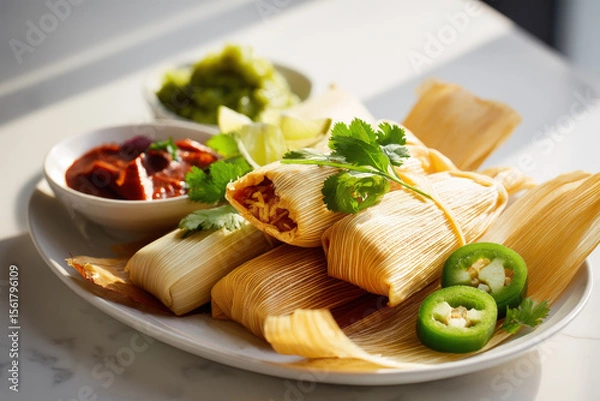 Obraz Delicious Mexican Tamales on a Plate. A beautifully plated tamales with salsa, guacamole, cilantro and jalapenos.