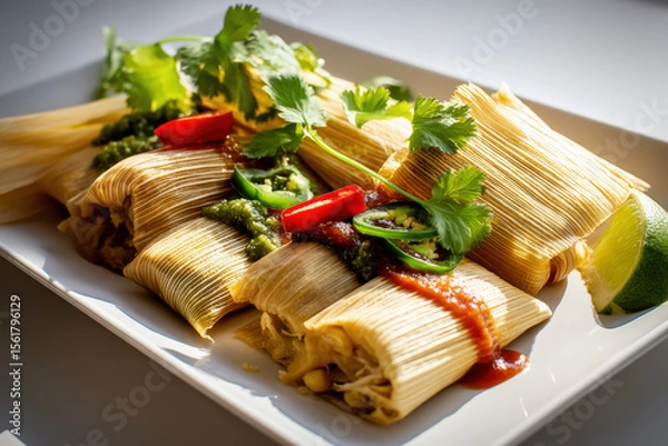 Obraz Savory Tamales with Fresh Garnishes. A delicious plate of tamales, served with fresh cilantro, jalapenos, and a lime wedge. Authentic Mexican food.