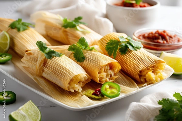 Obraz Delicious Homemade Tamales. Delicious homemade tamales, served on a white plate with fresh salsa, lime, and jalapenos.