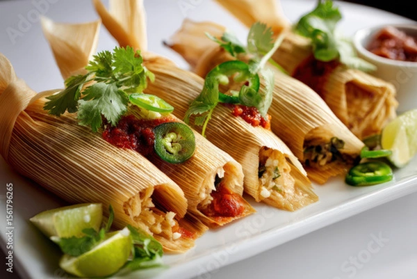 Obraz Savory Mexican Tamales with Garnishes. A delicious shot of a plate of authentic tamales, garnished with fresh cilantro and jalapenos, ready to be enjoyed.