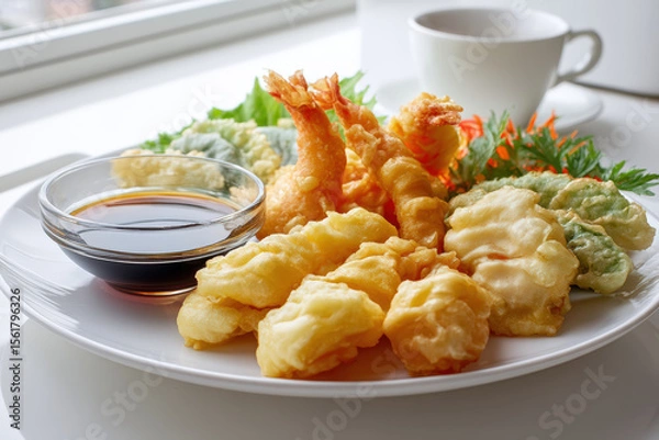 Obraz Delicious Japanese Tempura Dish. A plate of tempura with shrimp, vegetables, and dipping sauce, next to a cup of coffee on a white table.