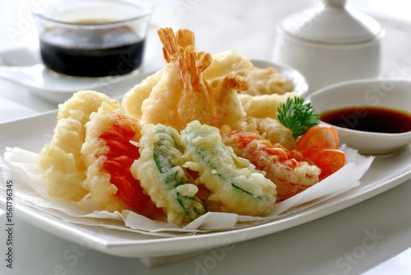Obraz Delicious Tempura with Dipping Sauce. A beautifully plated assortment of tempura, served with dipping sauce, showcasing the textures and colors of Japanese cuisine.