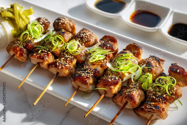 Obraz Grilled Chicken Yakitori Skewers. Delicious grilled chicken skewers, a culinary delight seasoned with sesame seeds and scallions, served with dipping sauces, perfect for a gourmet meal.