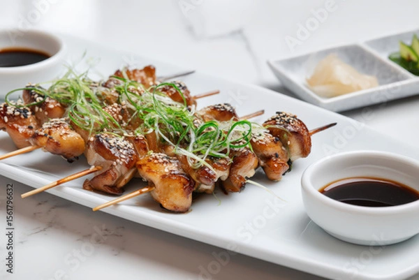 Obraz Chicken Yakitori with Sesame Seeds. Delicious chicken skewers with sesame seeds and green onions, served with soy sauce and pickled ginger, ready to eat.
