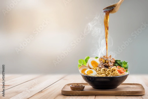 Obraz Ramen Bowl with Sauce Pouring. Delicious ramen bowl with noodles, egg, meat, and vegetables, with sauce being poured from a spoon.