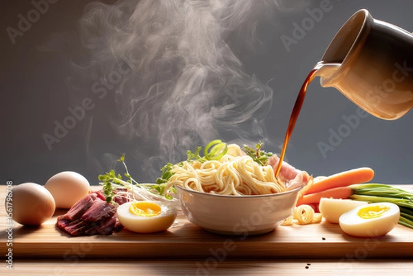 Obraz Ramen Bowl Being Filled with Broth. A steaming bowl of ramen is being filled with broth alongside fresh ingredients on a wooden board.