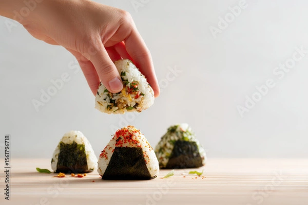 Obraz Hand Lifting a Japanese Onigiri. A hand is lifting an onigiri rice ball from a wooden table with more onigiri and some garnish.