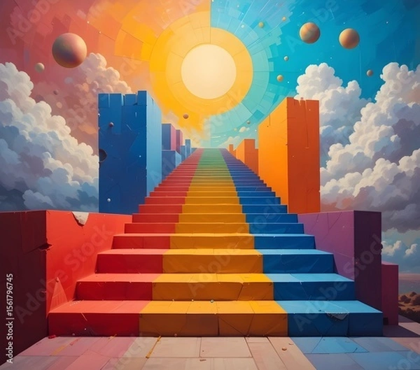 Fototapeta A surreal painting of stairs leading to the sky, with each step painted in a different bold color, surrounded by geometric floating shapes.
