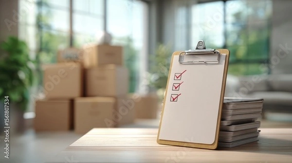 Fototapeta Housing moving checklist planning concept. Clipboard with checklist in a modern workspace surrounded by moving boxes.