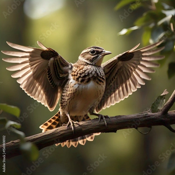 Fototapeta A small brown speckled bird with its wings outstretched is perched on a tree branch bathed in dappled sunlight