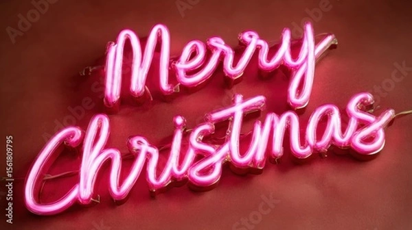 Obraz Neon pink "Merry Christmas" sign glowing against a red background, creating a festive and cheerful holiday atmosphere.