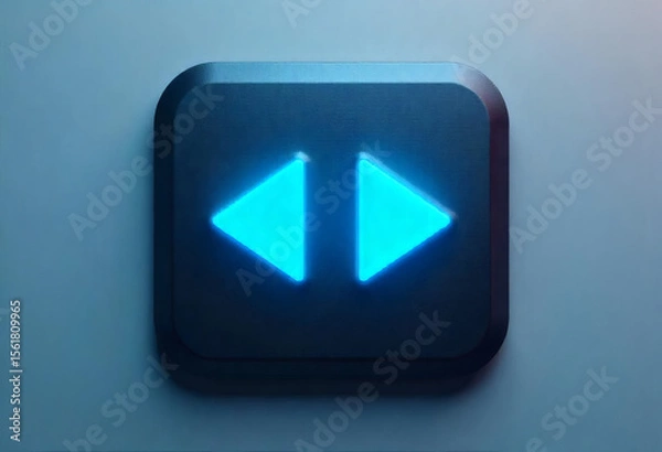 Fototapeta A dark rounded square button with two glowing cyan blue triangle symbols pointing outwards resembling a rewind fast forward or expand collapse icon
