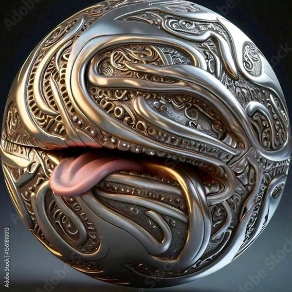 Fototapeta A metallic ornate sphere with a textured intricate design featuring a pink tongue protruding from a central organic looking opening