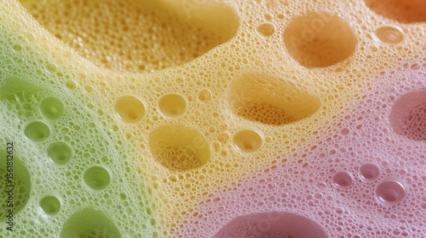 Fototapeta Colorful soap bubbles create a vibrant abstract background with various shades of yellow, green, pink, and orange, showcasing texture and depth in a playful composition