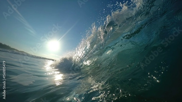 Fototapeta An ocean wave. Sea-level view, a low-angle shot of a splashy surf of a large wave. Element. Curler. Ridge of wave