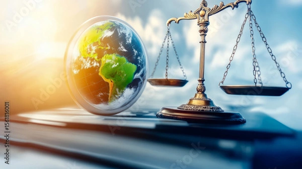 Fototapeta Earth globe on scale of justice