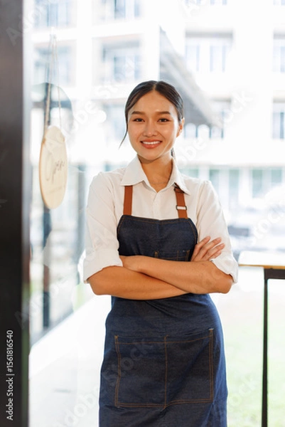 Obraz Startup successful small business owner sme beauty girl stand with arms crossed in coffee shop restaurant. Portrait of asian tan woman barista cafe owner SME entrepreneur seller business concept
