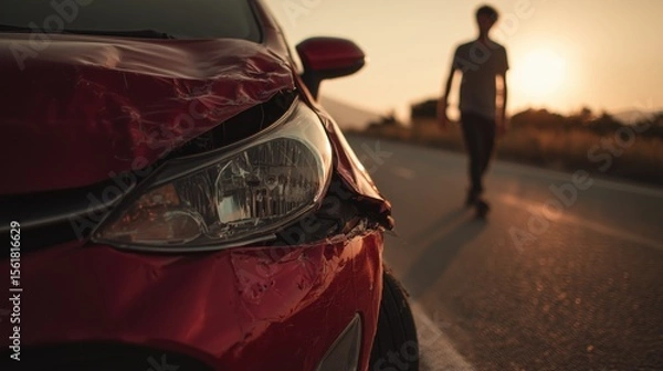 Fototapeta A red car with the front end damaged after an accident. Country road. Broken headlight and door marks of impact