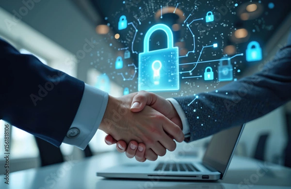 Obraz Business handshake secures data network with digital lock. Secure online digital agreement, business deal. Partnership protects confidential information, cybersecurity. Secure data protection, secure