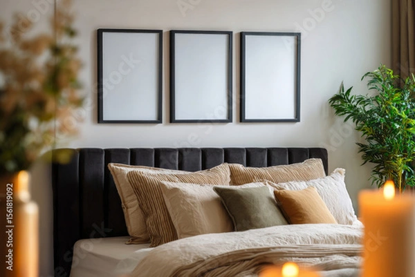 Fototapeta Ai Generated Aesthetic Closeup of Three Black Blank A4 ISO Paper Wall Art Frames For a Mockup on the wall of a Luxury Cozy Bedroom interior in Beige, Olive, Black  and Gold colors