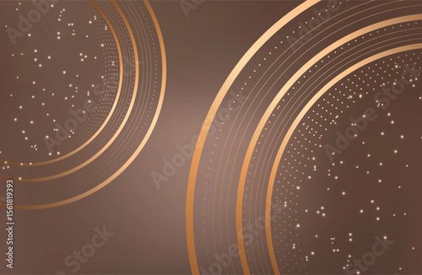 Obraz Abstract brown gold circle shape with golden glowing frame and glitters. Vector illustration.
Geometric backdrop with golden glittering particles. Holiday banner design. Minimalist decoration