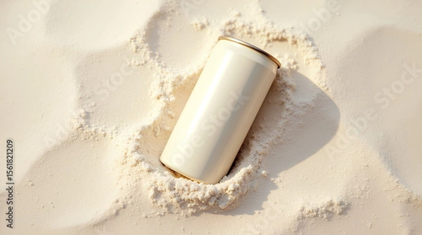 Fototapeta A mockup, a cream-colored tin can partially buried in the sand on the beach. Advertising of drinks. Ecology, environmental pollution, waste disposal, beach cleaning
