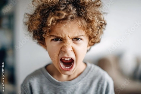 Fototapeta Angry curly boy screaming with mouth wide open, face expressing anger and indignation, strong emotions, concept of stress in children