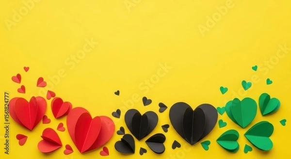 Fototapeta Pan-African flag color hearts on yellow background with copy space