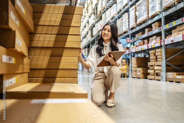Obraz Focused on her task, young asian woman sitting and holding clipboard meticulously updates inventory records while surrounded by shelves filled with various products in a vibrant warehouse setting