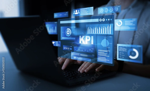 Fototapeta Financial business data analytics graph dashboard. Management data System KPI connected in database for follow earnings,operations and sales data.	