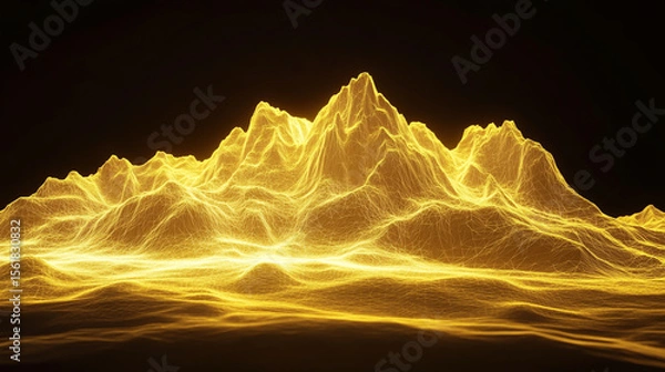 Fototapeta A yellow mountain range made of a digital wireframe mesh against a black background, 3D, abstract and futuristic style, low-poly design, high resolution, extreme wide shot
