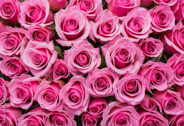Fototapeta Vibrant pink roses create a beautiful tapestry of color in a serene garden. The gentle sunlight enhances their rich hues, inviting admiration from anyone passing by Generative AI