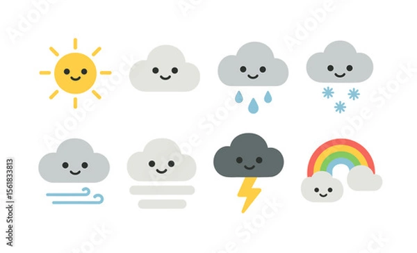 Fototapeta Cute weather icons set featuring sun, clouds, rain, snow, wind, fog, lightning, and rainbow