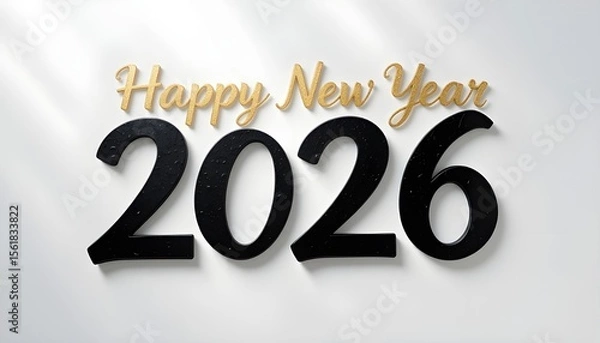 Fototapeta Minimal calligraphy “Happy New Year 2026” in black and gold, white background with soft shadows, classy and refined greeting layout