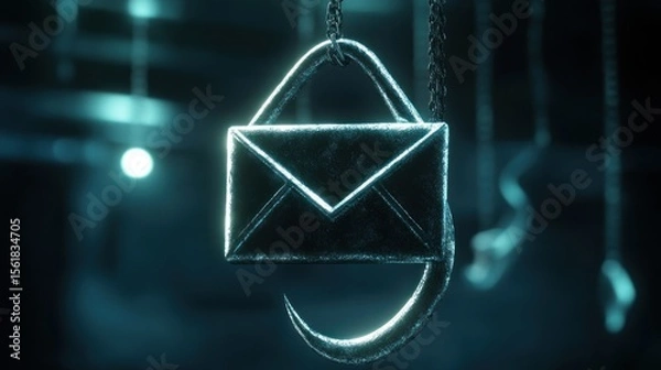 Obraz A dark, metallic email symbol shaped like a hook hangs from chains.