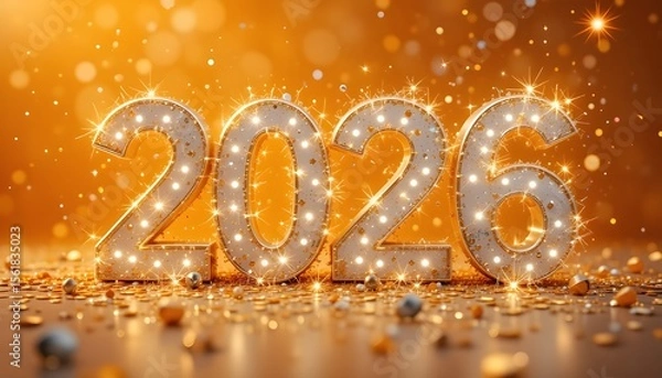 Fototapeta 2026 in bold white and gold 3D letters, glowing sparkles and confetti, vibrant orange background, festive celebration style for happy new year 2026