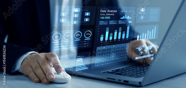 Fototapeta Financial business data analytics graph dashboard. Management data System KPI connected in database for follow earnings,operations and sales data.	