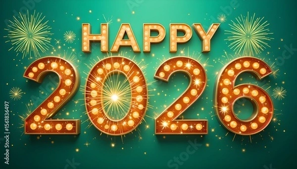 Fototapeta Bold and modern “Happy New Year 2026” lettering with fireworks and glowing lights, emerald green background, cheerful and vibrant design