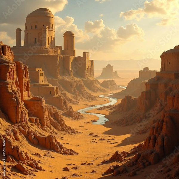 Fototapeta Vast golden sands stretch across the ancient valley, where remnants of Hebrew civilization rise amidst rocky cliffs and flowing waters under a vibrant sky Generative AI