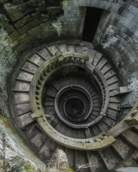 Fototapeta Historic stone spiral staircase inside a rounded tower with intricate design and multiple levels in a historic location. Generative AI
