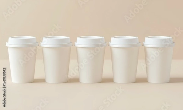 Fototapeta Five blank white paper coffee cups with lids lined up in a row. A clean, minimalist mockup template for branding on a neutral beige background, perfect for a modern cafe or takeaway conc