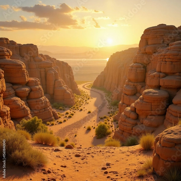 Fototapeta Golden light spills across captivating rock formations in ancient biblical lands, illuminating a winding path. The tranquil atmosphere invites reflection on Hebrew heritage and time Generative AI
