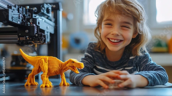 Fototapeta Smiling child, young boy with 3d printed dinosaur in creative home workshop