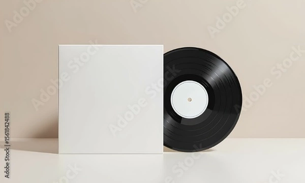 Fototapeta Black vinyl LP record standing next to its blank white album cover. A clean, retro-style mockup template for showcasing music artwork or branding, set against a minimalist beige backgr