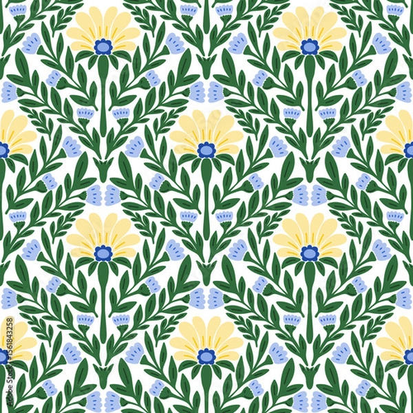 Fototapeta Abstract yellow flowers seamless pattern. Stylized hand drawn symmetric flowers and green leaves on white background. Repeat ornamental floral allover backdrop