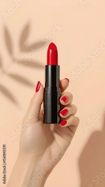 Fototapeta A woman's hand with a flawless red manicure holds an open, vibrant red lipstick. This beauty product mockup is presented against a warm beige background with a soft leaf shadow, evokin