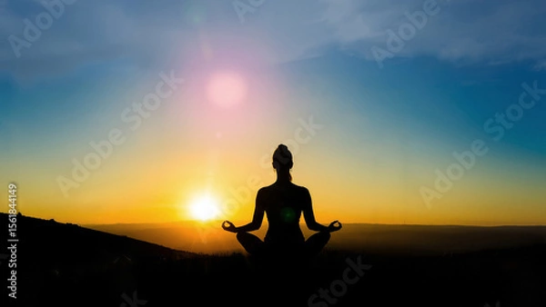 Fototapeta Women practicing yoga at sunset. Yogi sitting back in lotus position.
