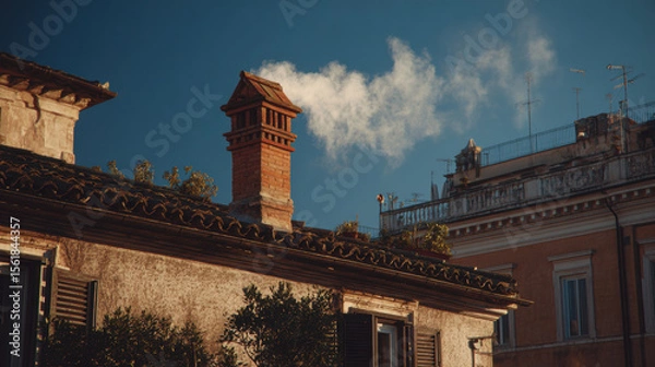 Fototapeta Charming rooftop with brick chimney and white smoke against a clear blue sky in a quaint urban setting featuring historic architecture