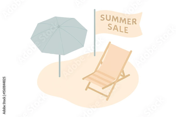 Fototapeta Beach Scene with Umbrella Lounge Chair Summer Sale Flag


