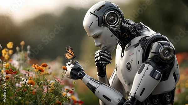 Fototapeta Futuristic humanoid robot interacting with butterfly in lush garden, highlighting ai and nature harmony, advanced technology concepts